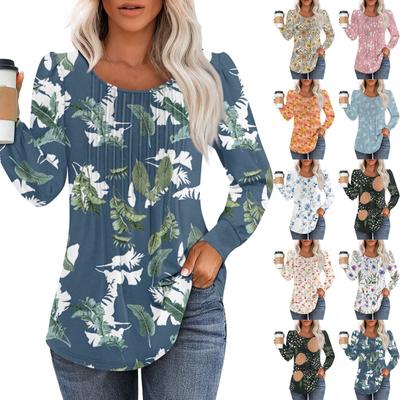 Рубашки с длинным рукавом для женщин, футболки с милым принтом и графикой, блузки, нарядные повседневные блузки, плиссированные топы-туники с овальным вырезом