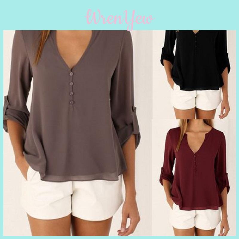 Women Casual Sexy Deep V Neck Chiffon Blouse Shirt With Slim Waist And Long Sleeves