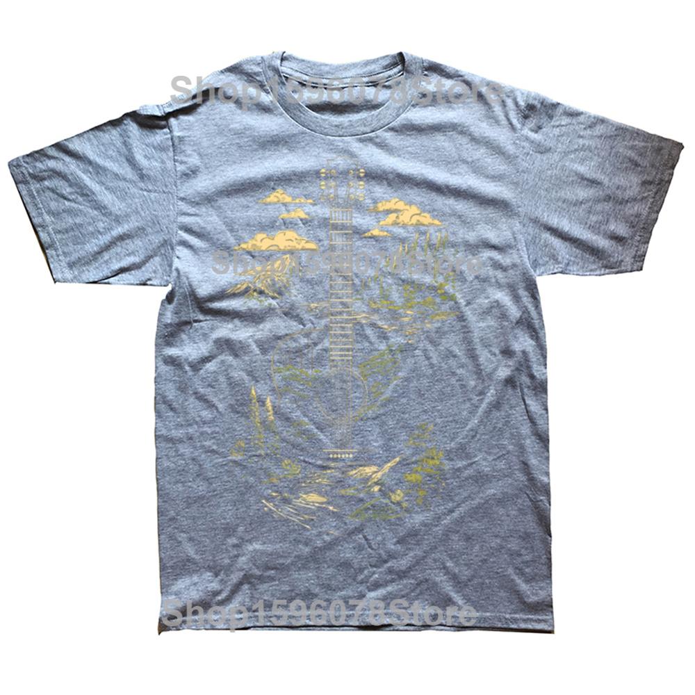 Акустическая гитара Природа Лес Горы Искусство 100% хлопок Футболки Мужские Принт Футболка Свободный Оверсайз Уличная одежда Хип-хоп Футболка