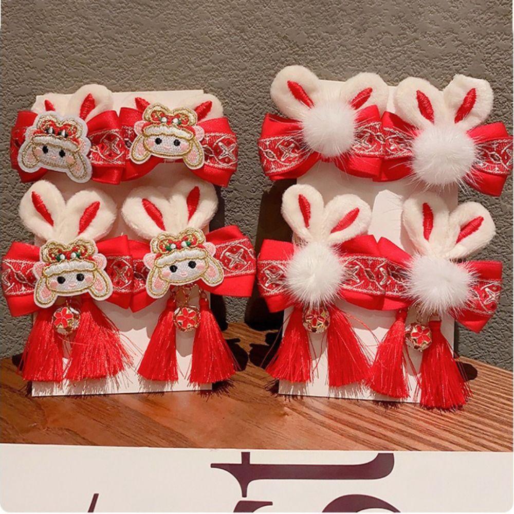 Bunny Children Red Hairpin Lion Dance Bow Hair Clip Lovely Chinese New Year Headwear Girls