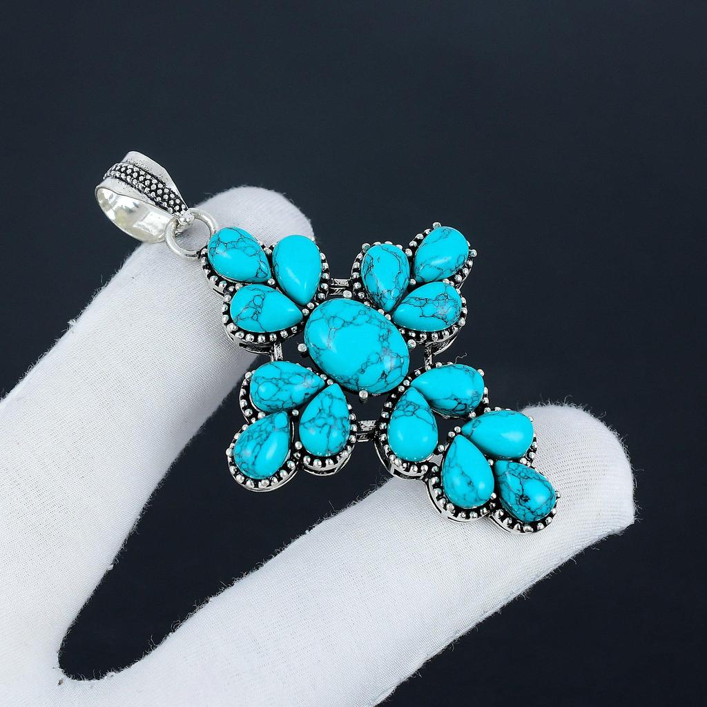 Серебряный кулон-крест с натуральным бирюзовым камнем из стерлингового серебра 925 пробы - дизайн груши ручной работы, повседневная одежда, подарок на день рождения