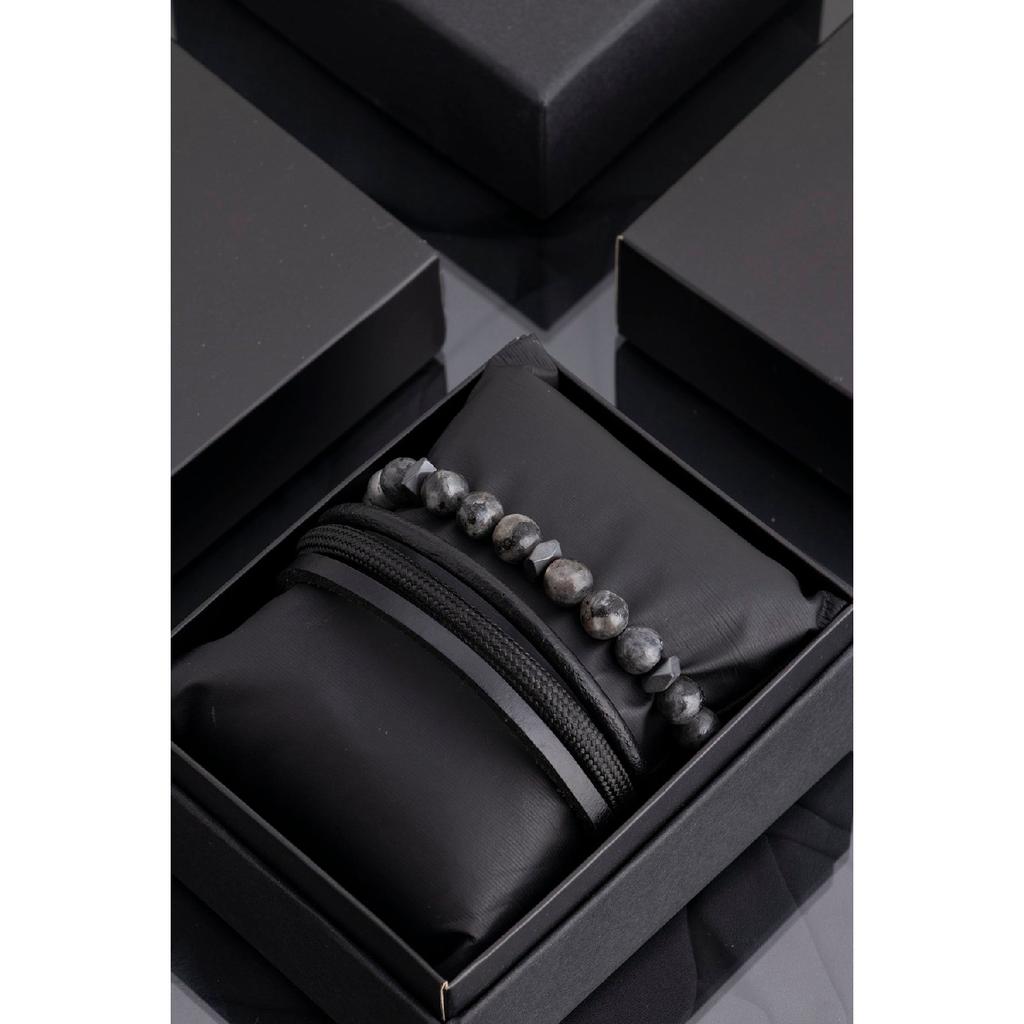 Мужской комбинированный браслет из черной натуральной кожи и гематита из натурального камня 001