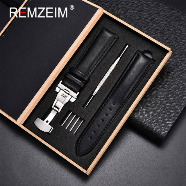 Ремешок для часов из натуральной кожи 18 мм, 20 мм, 22 мм, 24 мм, черный, коричневый, из мягкой телячьей кожи, автоматическая застежка-бабочка с коробкой