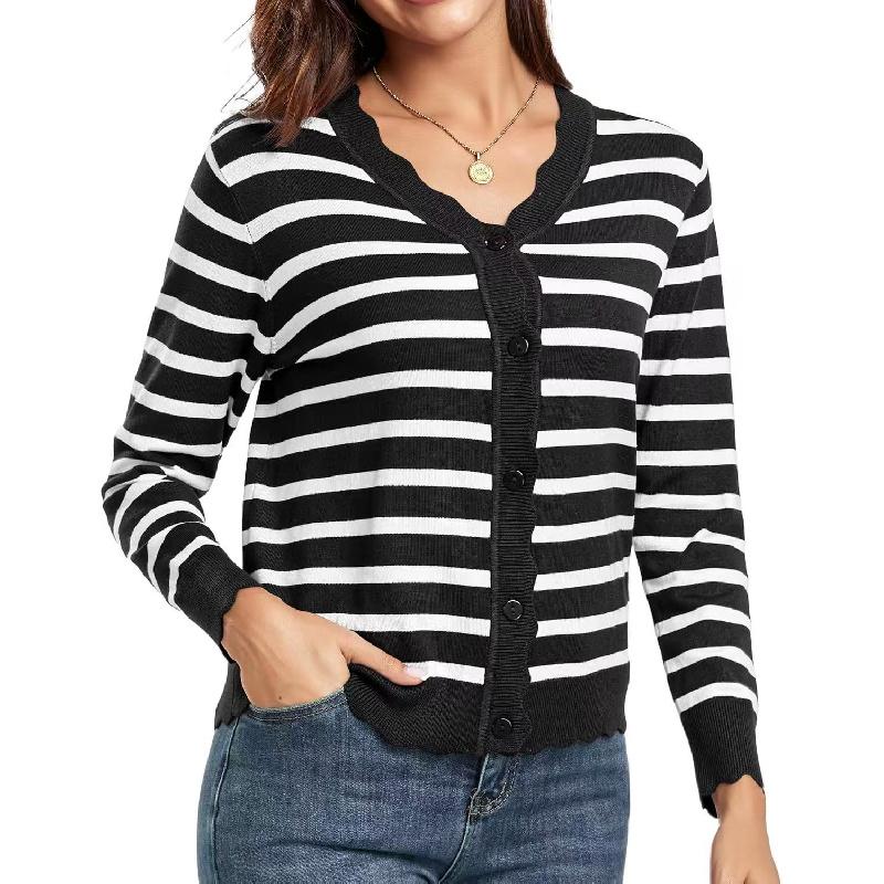 Women's Sweater for Spring and Autumn with Ruffled V-Neck and Buttoned Knit Cardigan Top