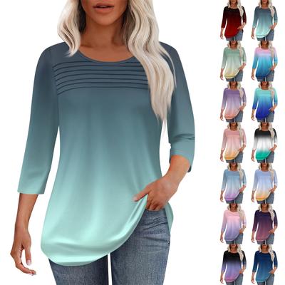 Женская мода круглый вырез шея плиссированная передняя планка однотонный топ рукав 3/4