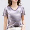Летняя женская футболка с v-образным вырезом, полосатый топ с короткими рукавами