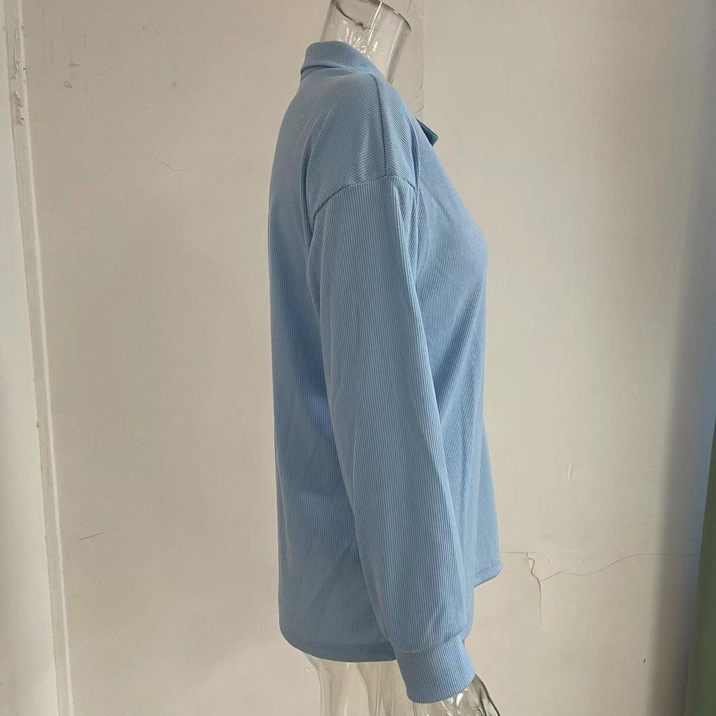 Autumn and Winter Solid Color Knitted Shirt Single breasted Flip Collar Loose Casual Top Women's Pullovers & Long Sleeves