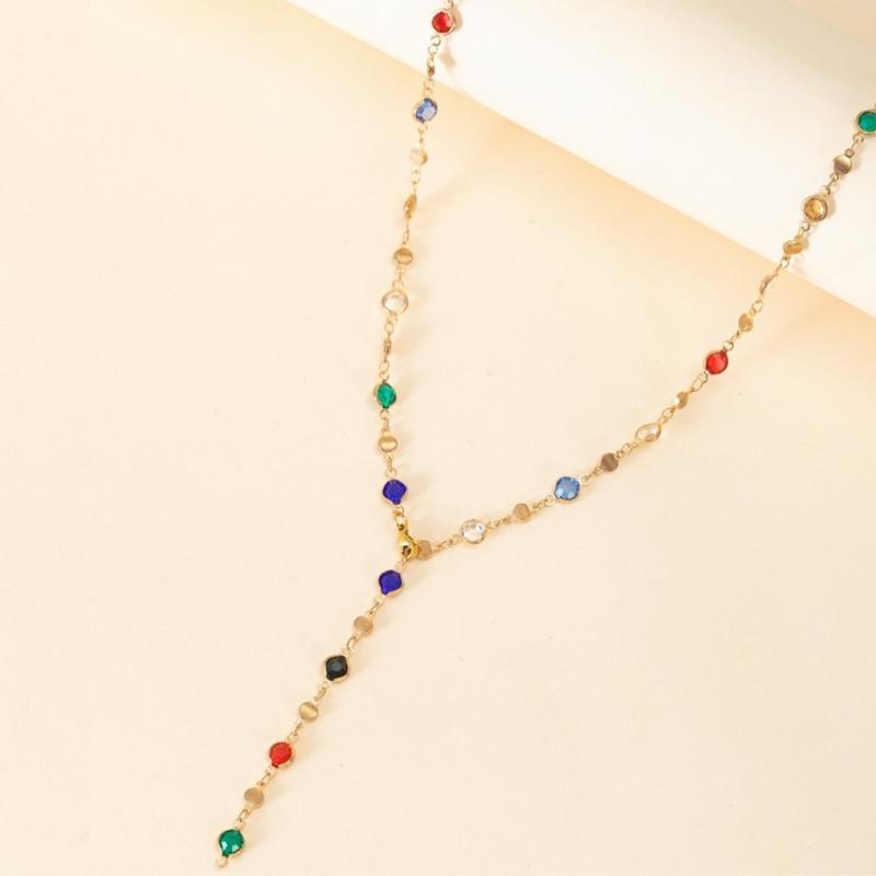 Colorful Crystal Necklace Rhinestones Long Y-Shaped Neckchain Bohemian Clavicle Chain Fashion Accessory for Women