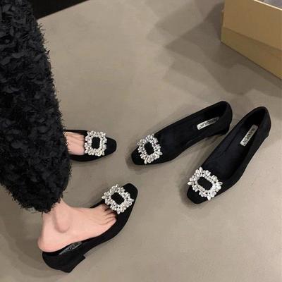 Одиночные туфли женские весна 2024 новые Xiaoxiangfeng квадратная голова замша стразы квадратная пряжка светлый рот толстый каблук низкий каблук женские туфли