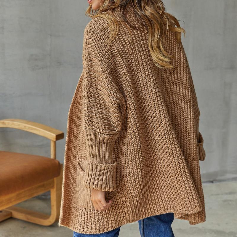 IHUASU Women's Large Size Casual Pocket Knitted Cardigan Sweater Commuter Style Loose Mid-Length Jacket