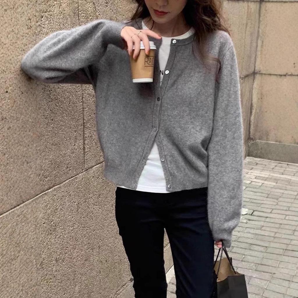 Women's Mustard Green Raccoon Fur Knit Cardigan - Soft, Fluffy Autumn Outerwear, Round Neck Sweater Coat for a Refined Look.