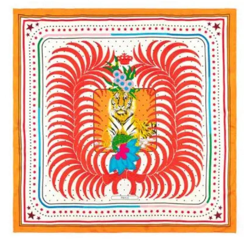 90cm Manual Hand Rolled Twill Silk Scarf Women Lovely Forest Tiger Square Scarves Echarpes Foulards Femme Wrap Bandana Hijab