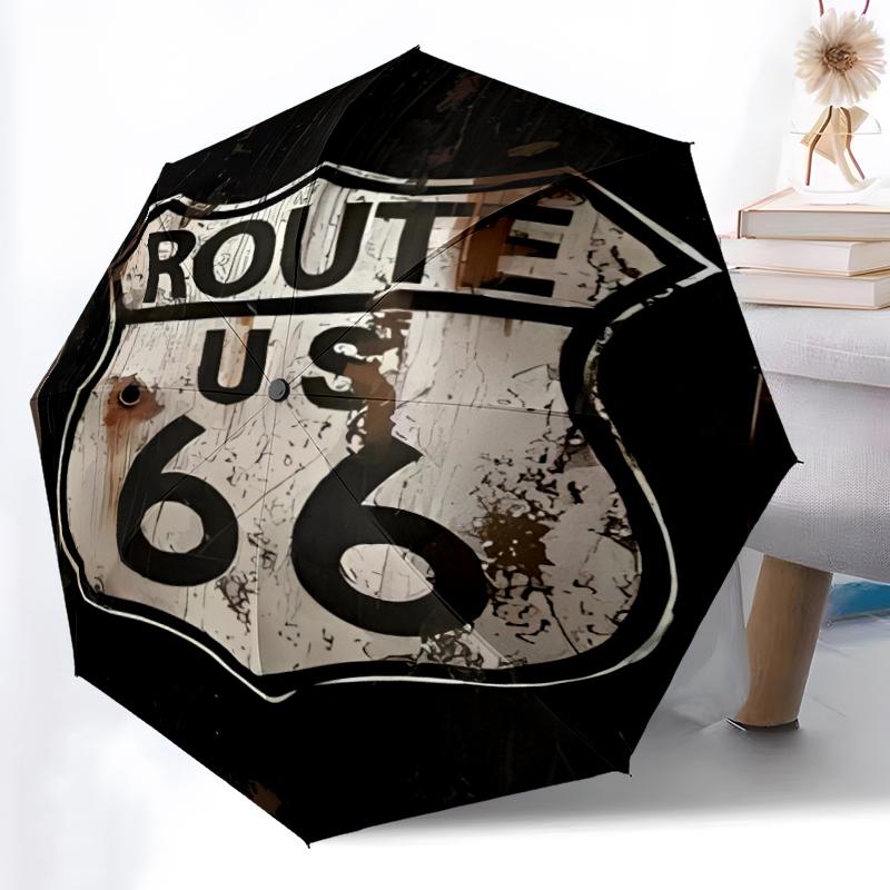 НАС. Автоматический зонт с принтом Route 66, 8 спиц, железный каркас, пластиковая ручка, подходит для путешествий на открытом воздухе и на каждый день, идеальный подарок