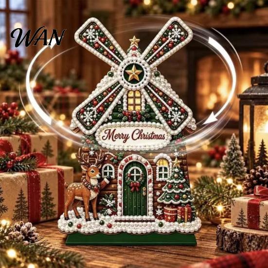 DIY Handmade Festival Gift Diamond Painting Christmas Windmill House Kit, Rotatable Xmas Holiday Desktop Accessories Cabin Ornament, Craft Kit