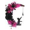 Halloween Moon Cat Wreath for Front Door Crescent Moon Wreath Sign with Artificial Rose Flowers for Gothic Home Decoration