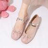 Весенние туфли принцессы для девочек 2025 Новые туфли на толстом каблуке с квадратным носком, низкие, с бантом и пайетками, студенческие детские одинарные туфли