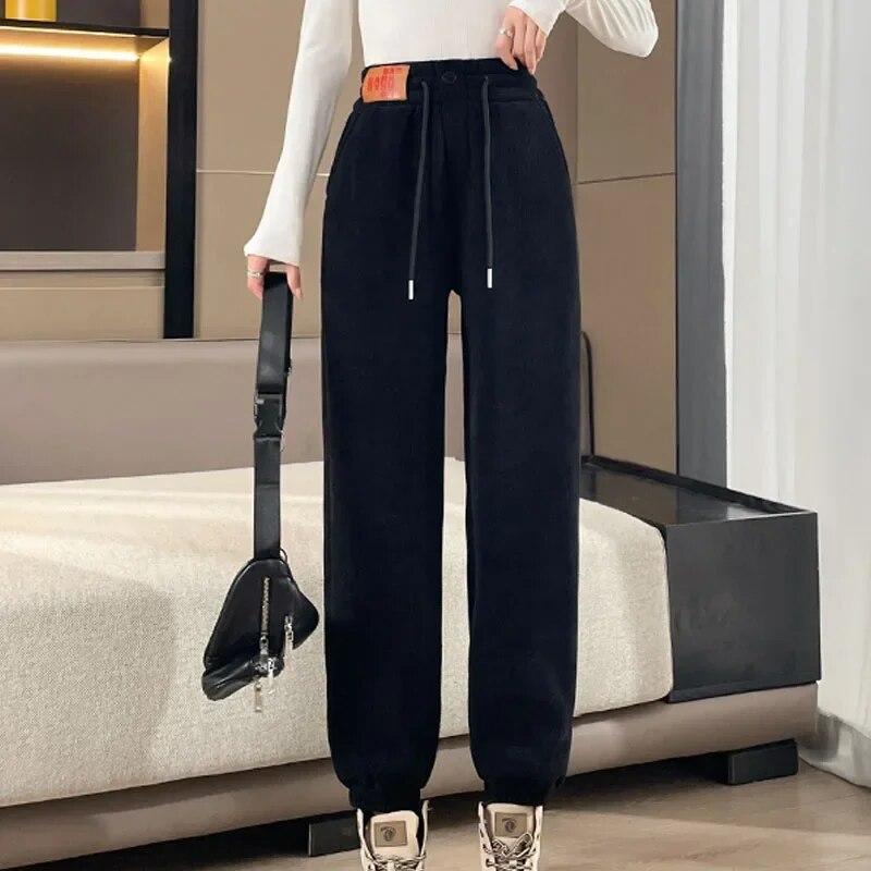 Зимние модные бархатные теплые свободные прямые брюки для женщин, офисные женские леггинсы с высокой талией, утепленные однотонные брюки 29584