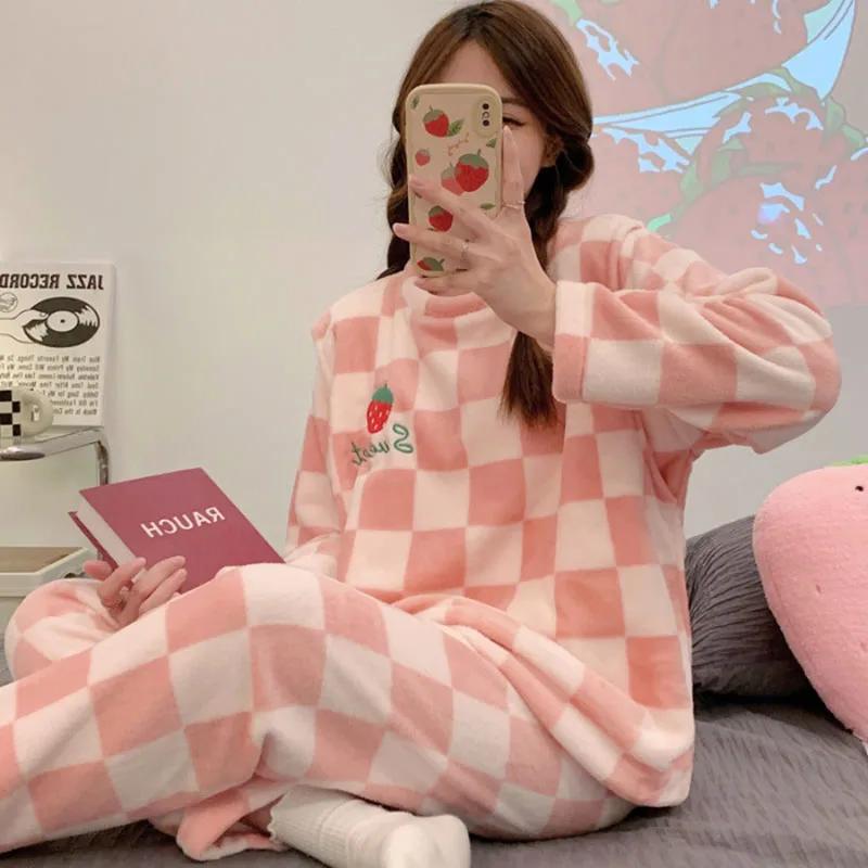 Thickened Warm Flannel Plus Size Lady Pajamas Set Long Sleeves Fall and Winter Sleepwear Women's Cartoon Bear Plaid Home Wear