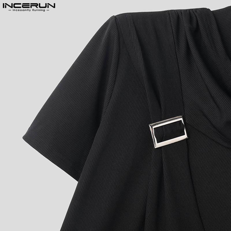 INCERUN Мужские топы с высоким воротником-хомутиком и рукавами в стиле пэчворк, повседневные облегающие футболки с нерегулярными слоями