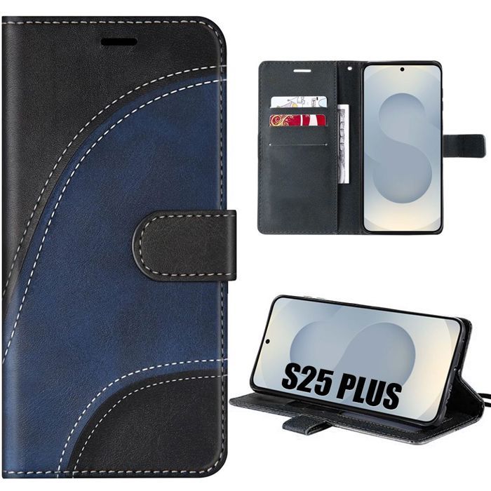 Coque de protection - BOOLING - pour Samsung Galaxy S25 Plus - Cuir PU Bicolore Noir/Bleu - Antichoc - Élégante