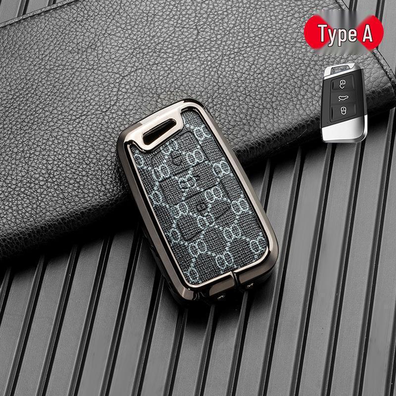 Volkswagen/Skoda Double-Sided Leather Zinc Alloy Car Key Case - Non-Signal Blocking, Full-Wrap Design