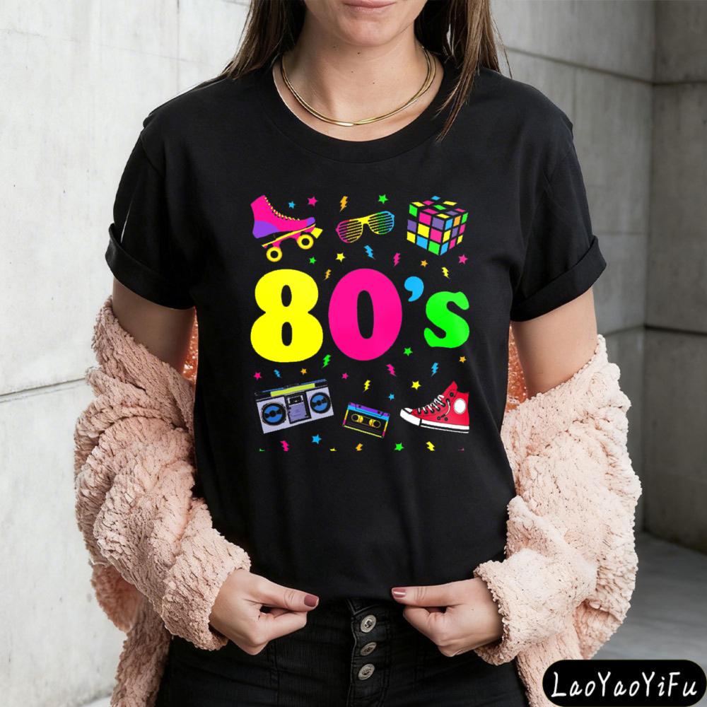 Colorful 80s Icons And Text Design Shirt Retro 80s Style Unisexs TShirt Vintage Themed Parties Ideal Tshirt Daily Life Tops