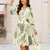 Women Plus Size Round Neck Long Sleeve Tropical Leaf Printed Gathered Waist A Line Dress
