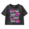 Ешь Спи Музыка Кино Смешная Принтованная Женская Выстиранная Короткая Футболка Летняя Дышащая Футболка Уличная Мода Поношенный Топ
