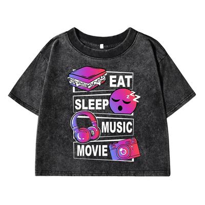 Ешь Спи Музыка Кино Смешная Принтованная Женская Выстиранная Короткая Футболка Летняя Дышащая Футболка Уличная Мода Поношенный Топ