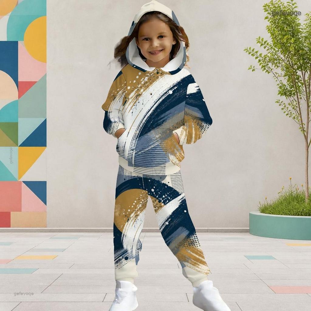 Girls Striped Printed Hooded Long Sleeve Kangaroo Pocket Top Cuffed Pants Two Piece Set