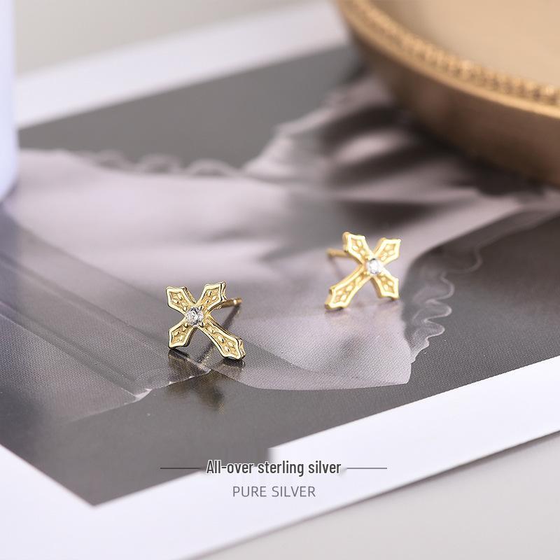 S925 Korean Silver Zircon Cross Earrings - Single Diamond, Personal and Simple Design