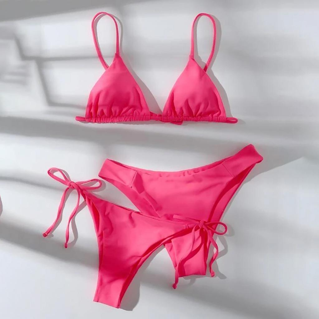 Women's Summer Fashion Sexy Solid Color Backless Lace-up  Waist Adjust Buckle Sling  Bikini Three-pieces Swimsuit