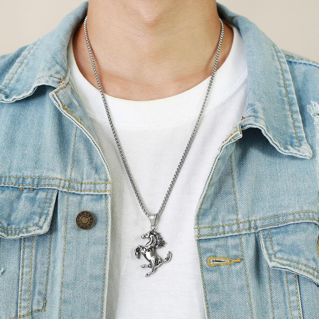 2025 Stainless Steel Standing Horse Pendant Necklace - European & American Hip-Hop Style for Men & Women