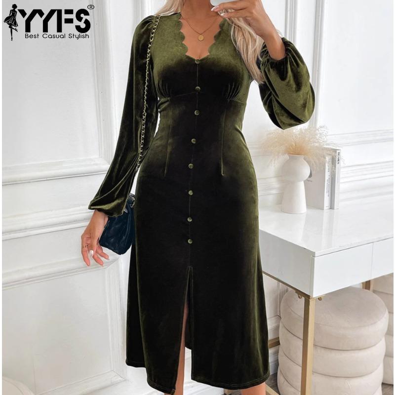 YYFS Женская мода весна осень однотонный принт длинный рукав V-образный вырез высокая талия повседневные платья