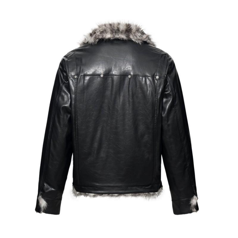 Mens Winter PU Leather Bomber Jacket With Fur Collar - Punk Style Warm Coat Daily Wear