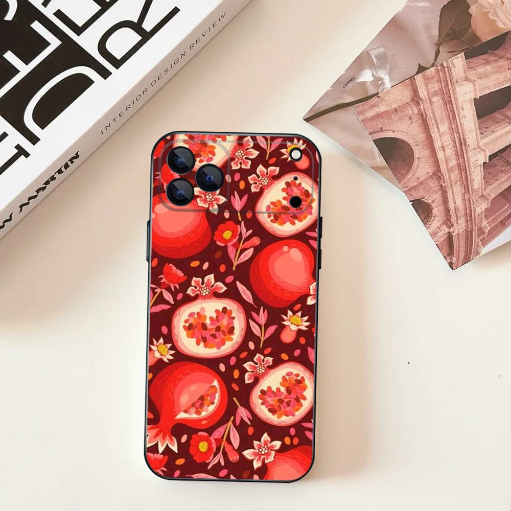 Узор 'Цветок граната' Для iPhone 17,16,15,14,13,12,11,Pro,Max,Plus,E,SE4,Air,Mini Черный Мягкий Чехол для Телефона