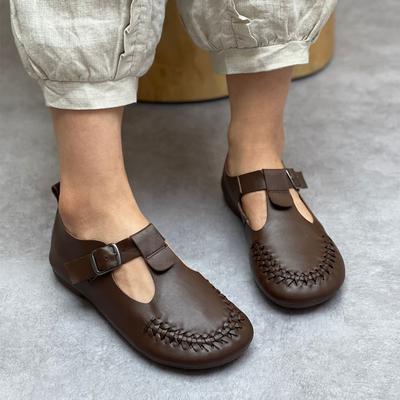 Женская обувь ручной работы из натуральной кожи на плоской подошве, однотонная повседневная удобная обувь на мягкой подошве в стиле ретро с круглым носком