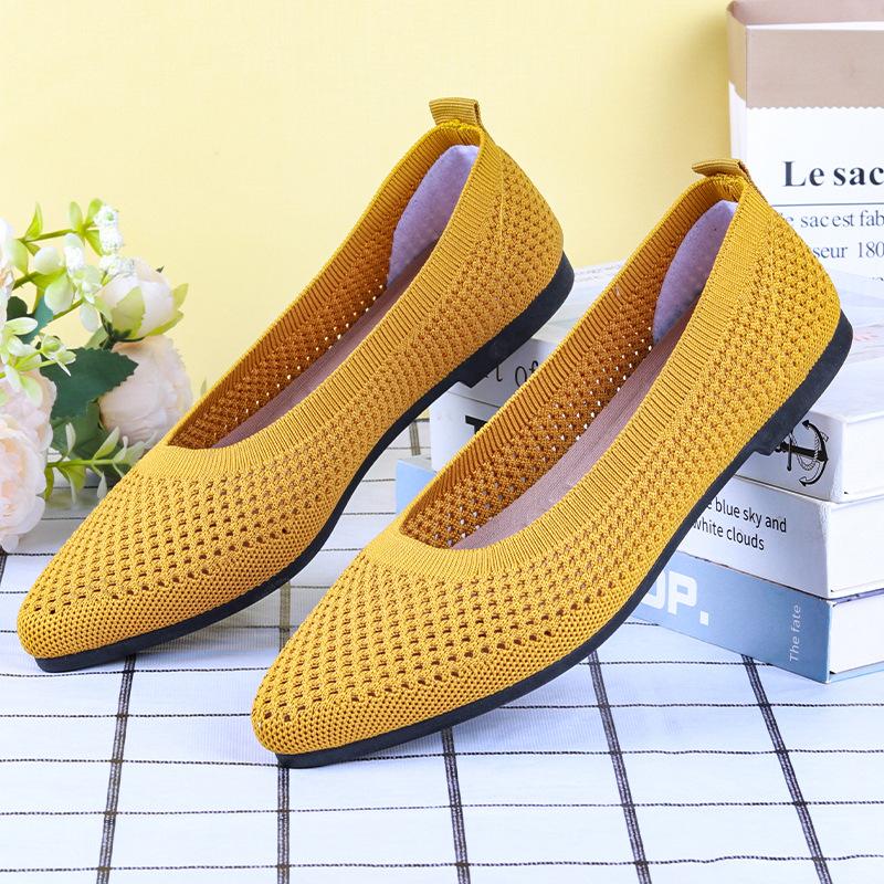 Модные женские туфли весна/лето, новые однотонные туфли с острым плоским каблуком и мягкой подошвой, повседневные дышащие женские трикотажные туфли
