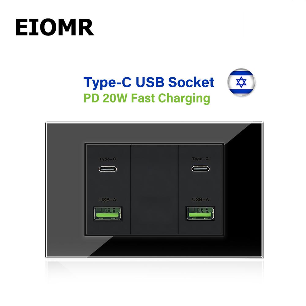 EIOMR Израиль Настенная розетка с быстрой зарядкой USB Type C, 118*75 мм, Черное закаленное стекло, Спутниковое ТВ, Телефон, Звонок, Механический настенный выключатель света