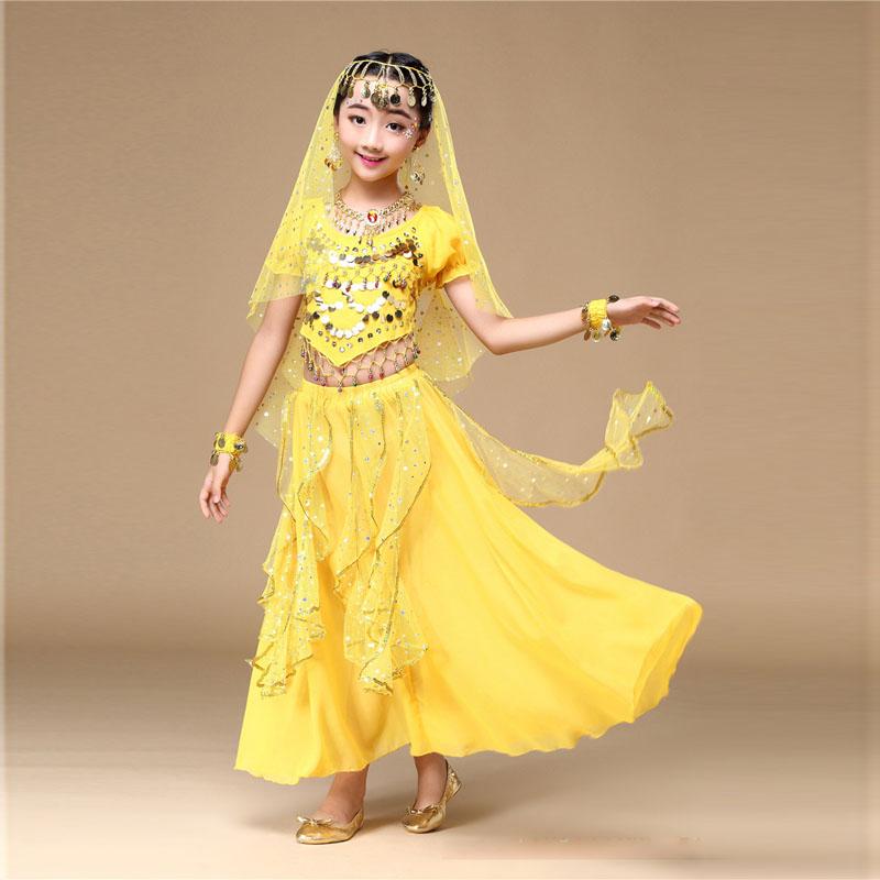 Girl Kids Tulle Indian Belly Dance Clothing Children Performance Costume Tops+Skirt 2pcs Dance Set