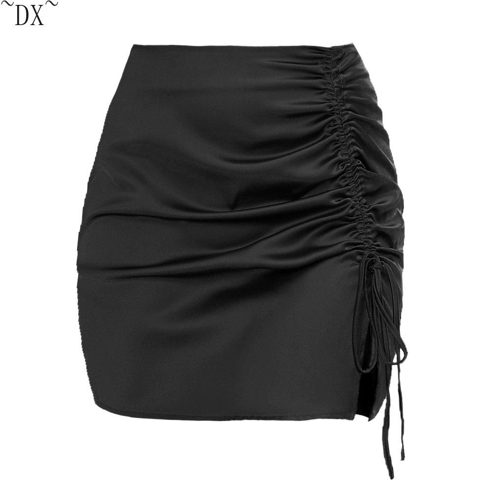 DX ~ ~ однотонная плиссированная юбка на бедрах с запахом, европейская и американская сексуальная атласная полуюбка с высокой талией на молнии, женское летнее платье