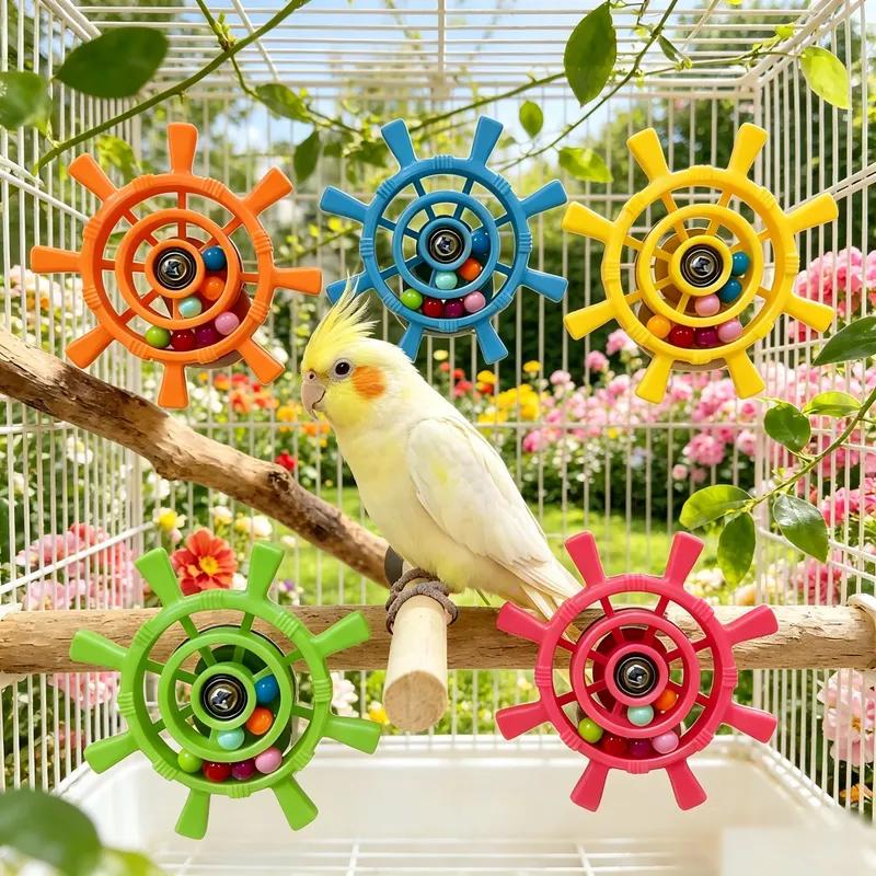 Rudder Shaped Parrot Spinner Rattle Toy Bite Resistant Colorful Beads Interactive Spinning Wheel Plastic Bird Cage Toy Exercise