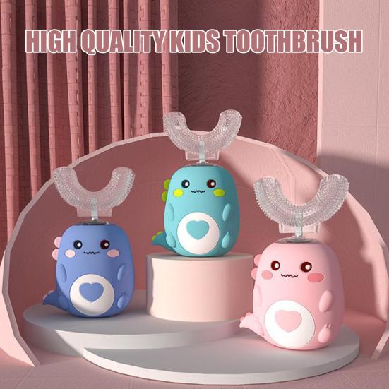Детская U-образная электрическая зубная щетка IPX7 Водонепроницаемая 2 режима Регулируемая 360-градусная чистка с изображением динозавра для малышей Мальчиков и девочек Перезаряжаемая зубная щетка