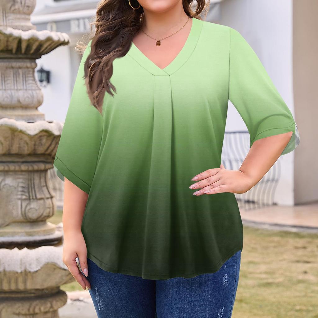 Women's Fashion Large Size Printed V-Neck Three-quarter Sleeve Top