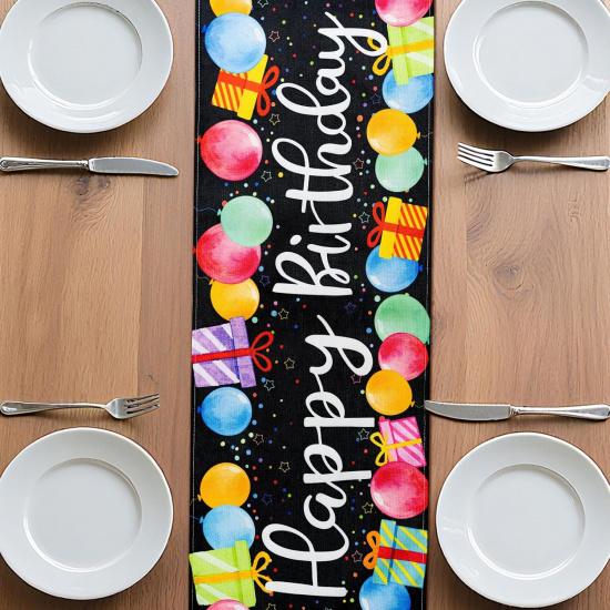 Black Happy Birthday Table Runner, Colorful Balloon Kitchen Dining Table Decoration Festive Balloon Design for Birthday Party Decor 13x72 Inch