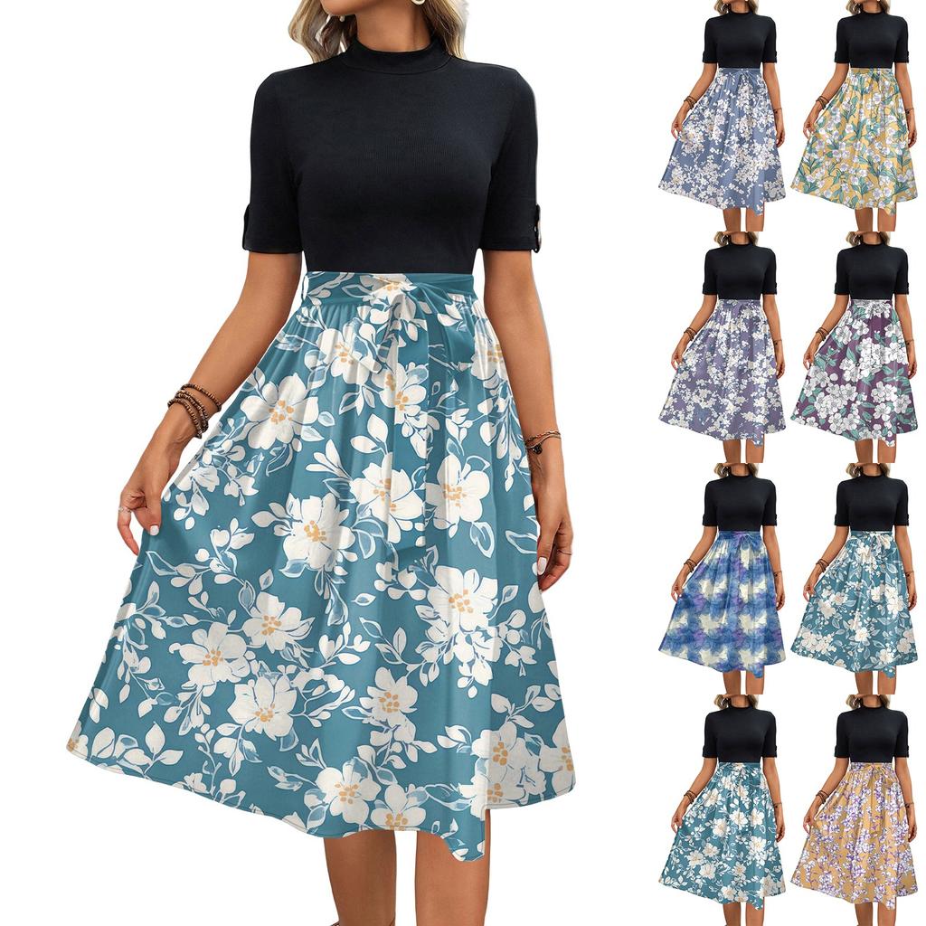 Women's Fashion Casual Belt Short Sleeve Round Neck Floral Elegant Temperament Dress