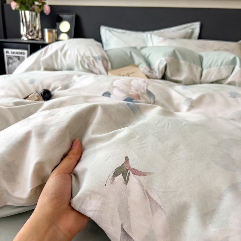 Autumn and winter thickened warm pure cotton polished four-piece set cotton Class A maternal and infant grade flower skin-friendly bed sheet quilt