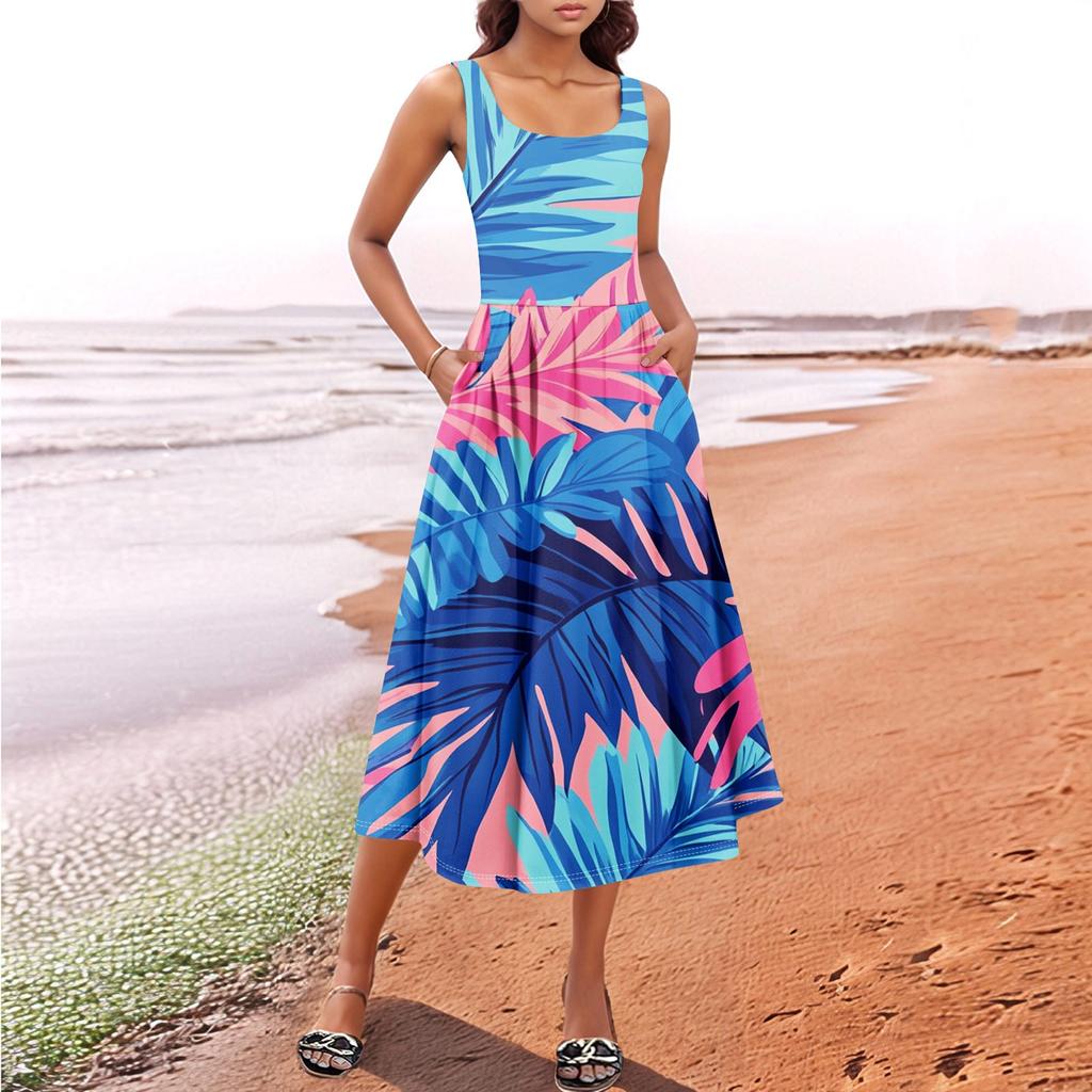 Women's  Summer Spring Casual Floral Sundress Sleeveless Beach Vacation Flowy Boho Tank Midi Dresses