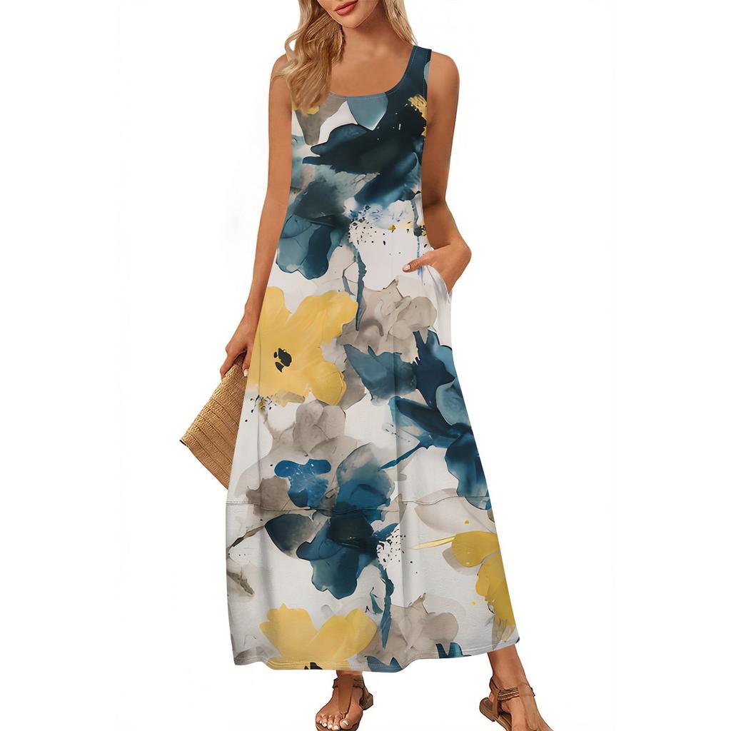 Женский повседневный сарафан длиной до пола, летнее пляжное платье, круглый вырез, без рукавов, свободный сарафан с принтом
