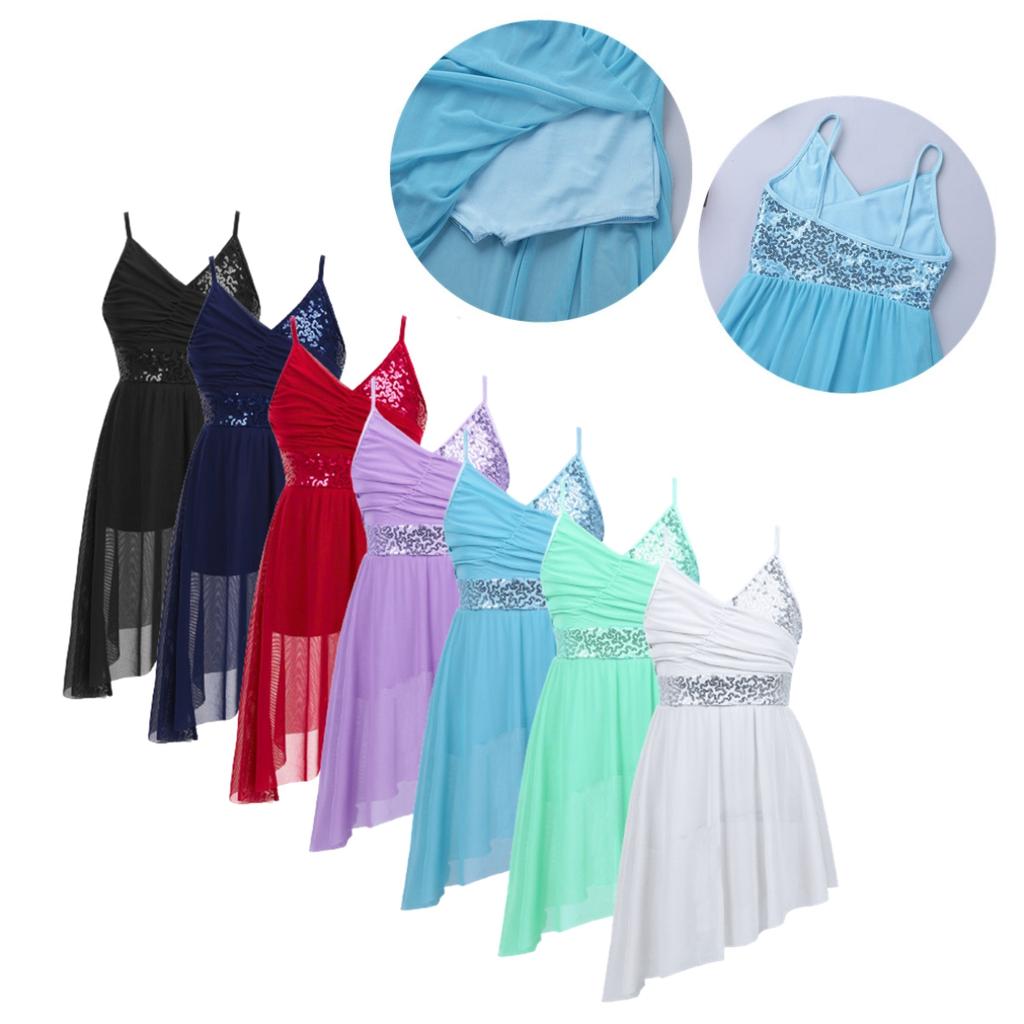 Балетное трико с блестками для девочек, лирическое современное танцевальное платье, нерегулярное платье с высоким и низким вырезом